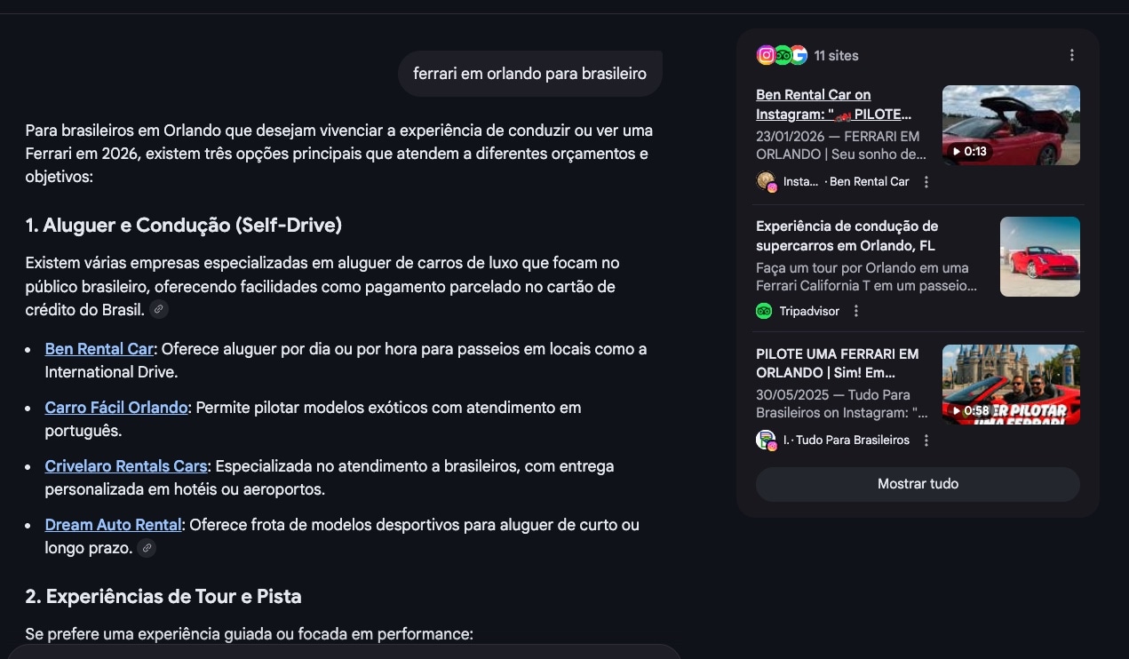 Google AI Mode citando Ben Rental Car como primeira recomendação para Ferrari em Orlando, com post do Instagram como fonte