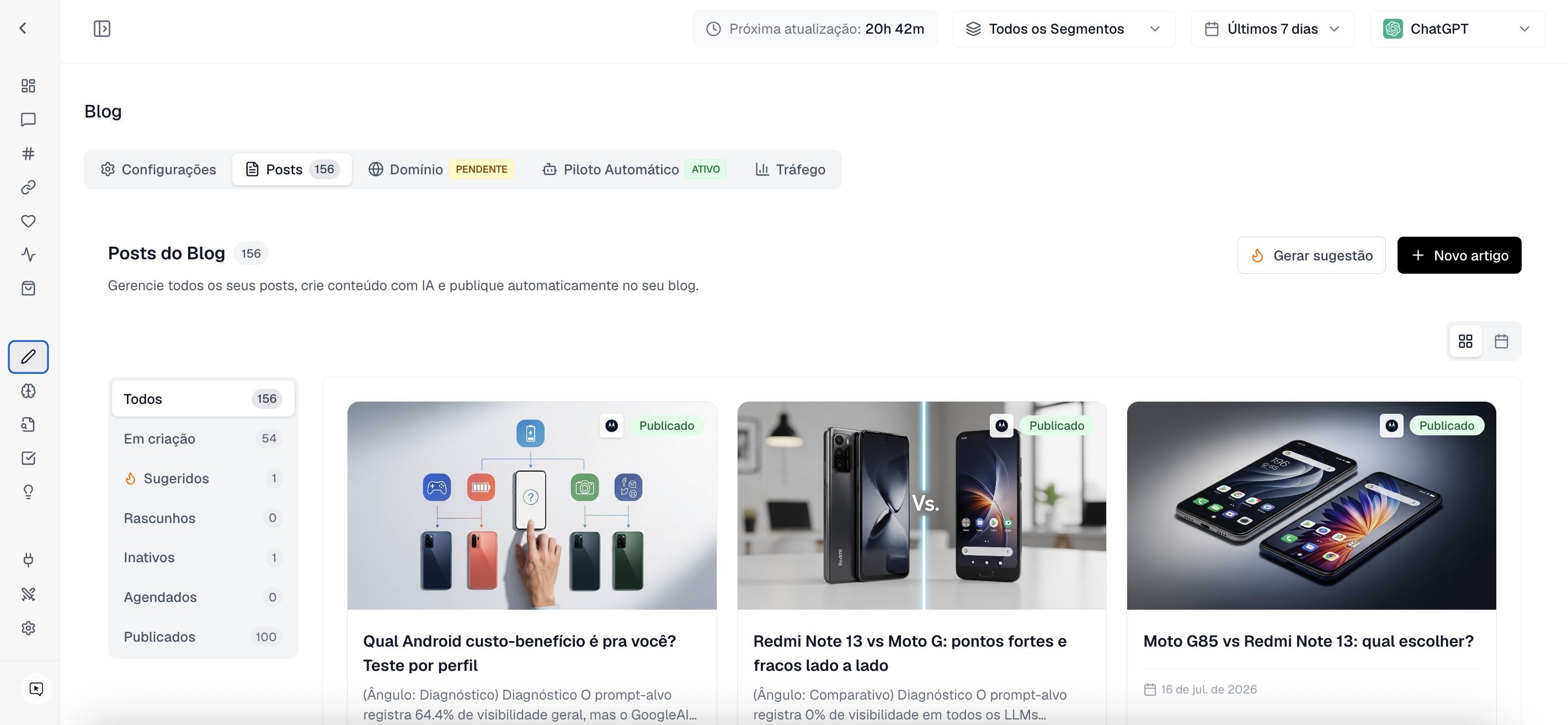 Blog da Promptado com posts gerados por IA, piloto automático e tráfego