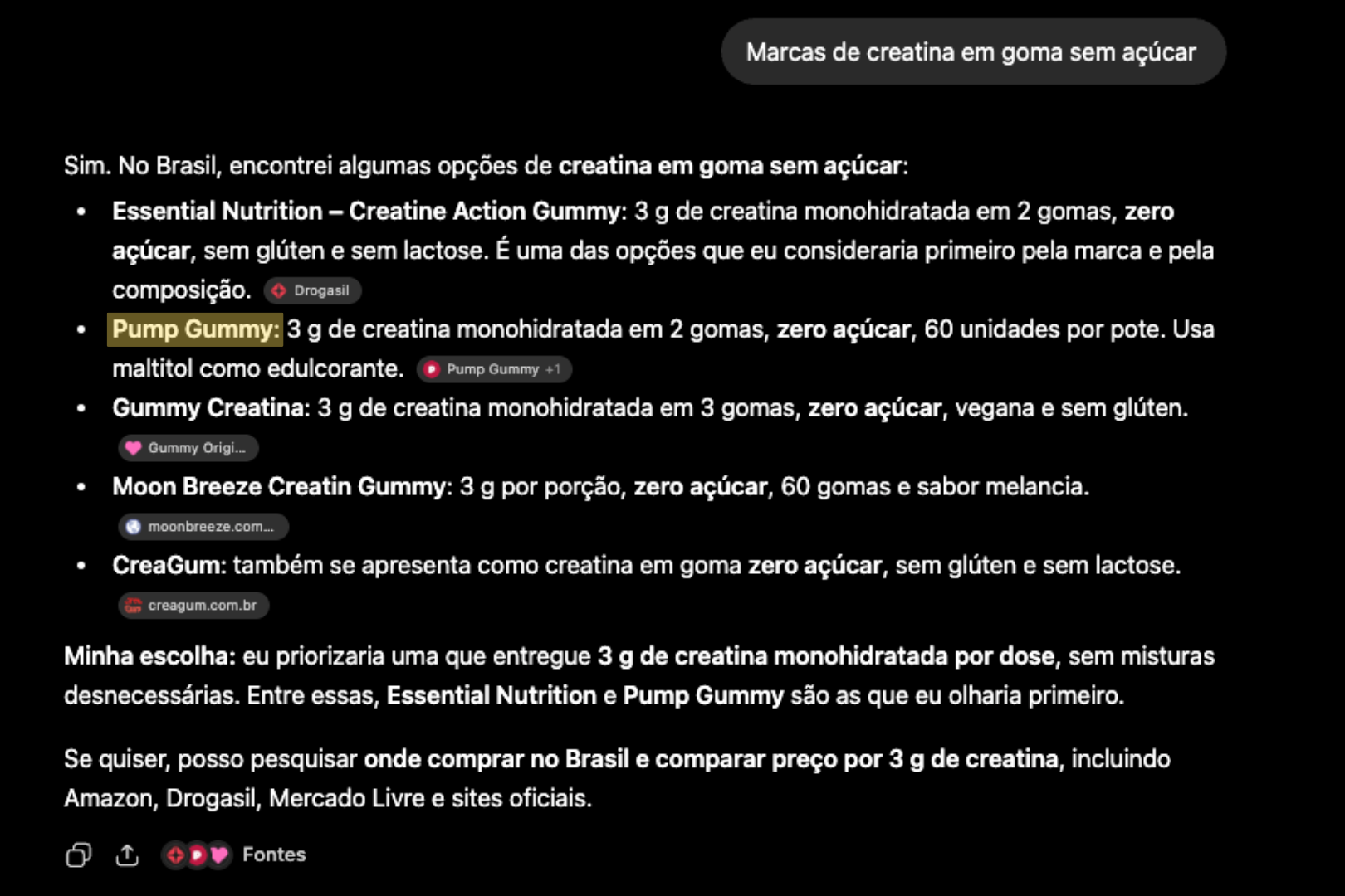 ChatGPT listando a Pump Gummy entre as marcas de creatina em goma sem açúcar e citando pumpgummy.com.br como fonte