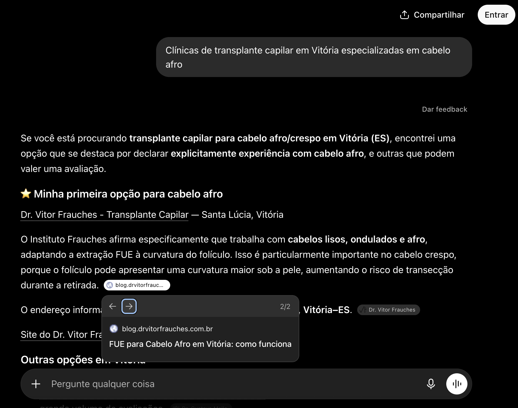 ChatGPT apresentando o Dr. Vitor Frauches como primeira opção para transplante capilar de cabelo afro em Vitória, citando o post do blog como fonte