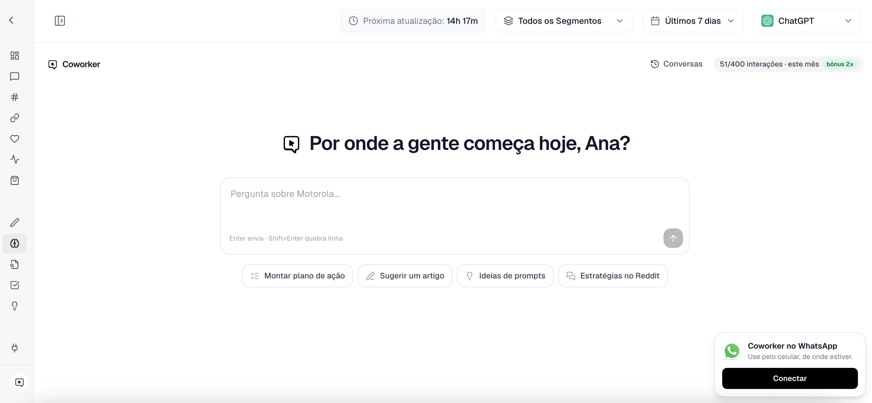 Coworker da Promptado respondendo com dados da marca e montando plano de ação